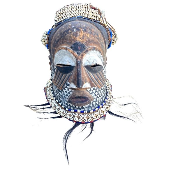 Ibo Tribe Tribal HEALING Mask Cowrie Shells Zebra Mane Metal Work details Large
